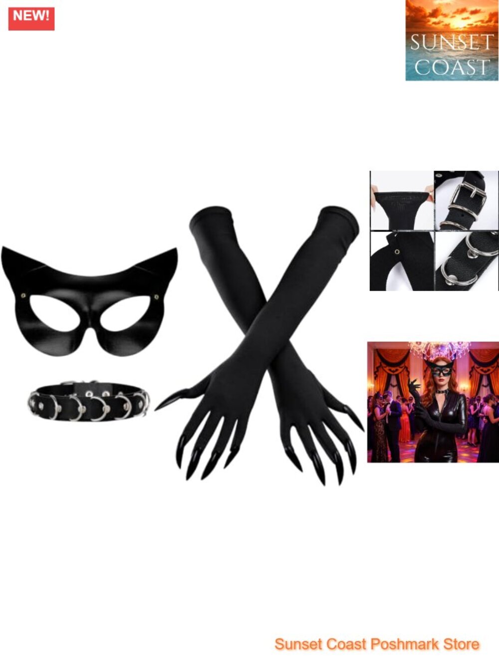 Faux Leather Cat Mask Long Claw Gloves Necklace Halloween Costume Set